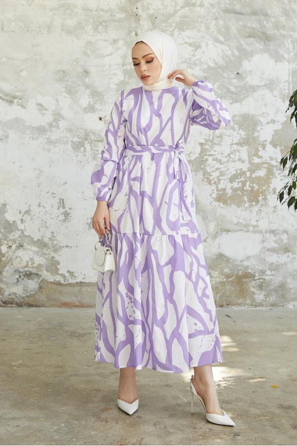  Desenli Tesettür Elbise Lila 430
