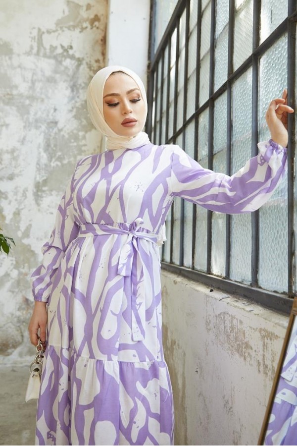  Desenli Tesettür Elbise Lila 430