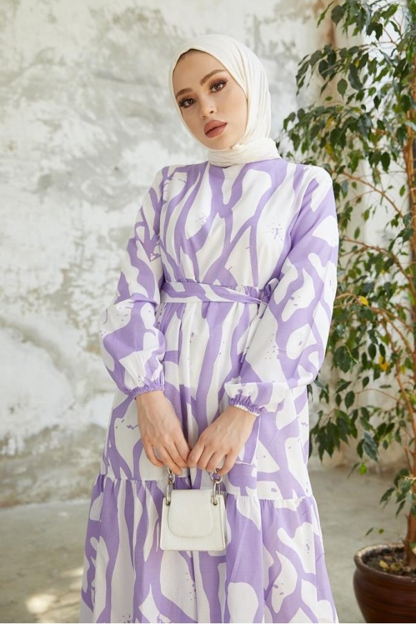  Desenli Tesettür Elbise Lila 430