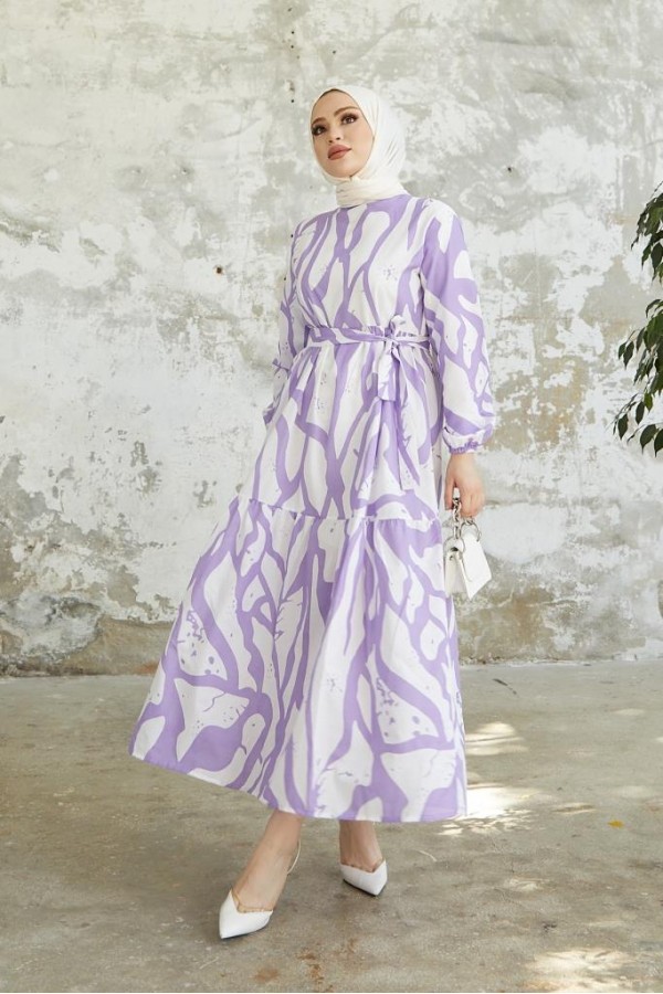  Desenli Tesettür Elbise Lila 430