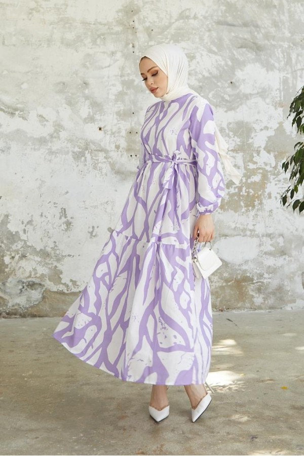  Desenli Tesettür Elbise Lila 430
