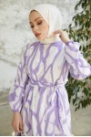  Desenli Tesettür Elbise Lila 430