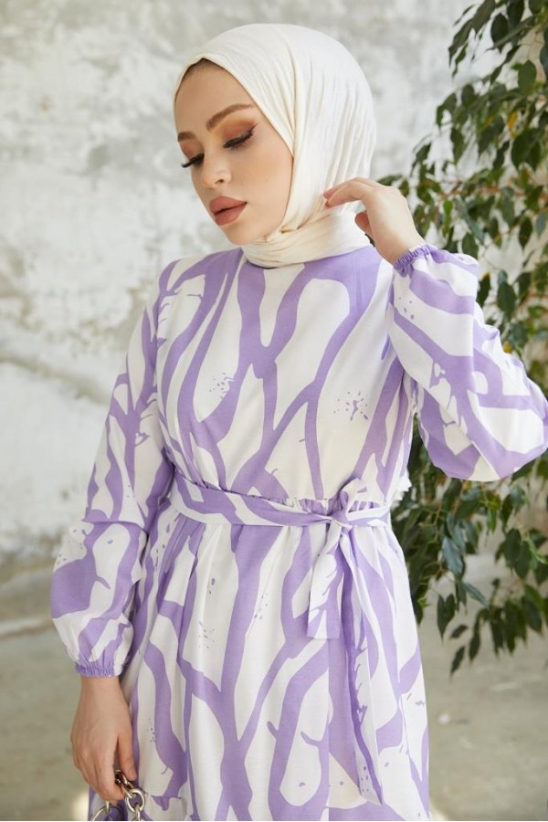  Desenli Tesettür Elbise Lila 430
