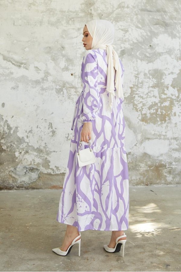  Desenli Tesettür Elbise Lila 430