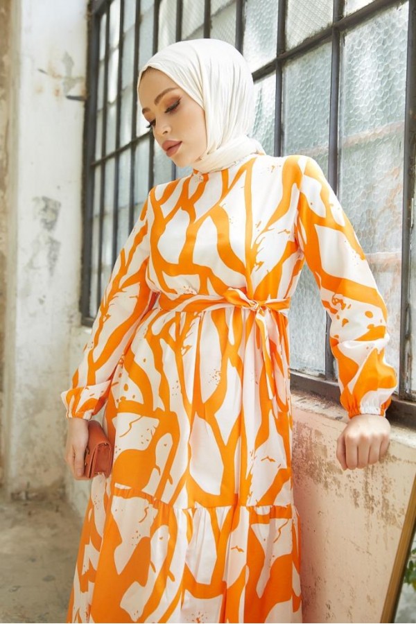  Desenli Tesettür Elbise Oranj 430