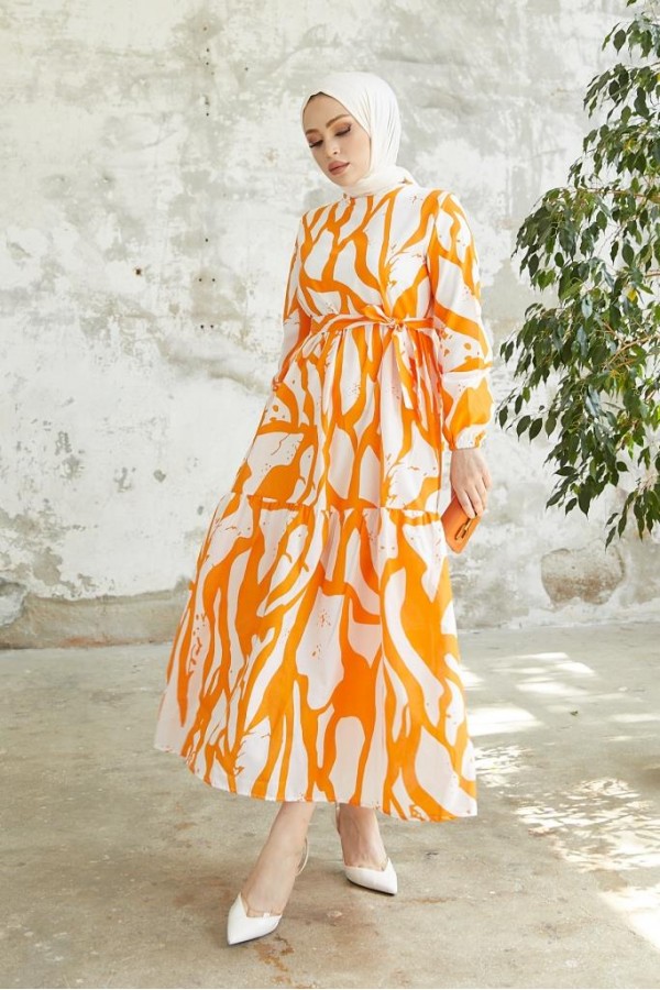  Desenli Tesettür Elbise Oranj 430