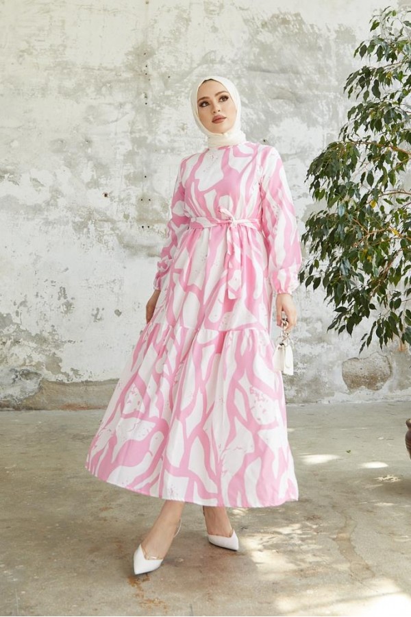  Desenli Tesettür Elbise Pembe 430
