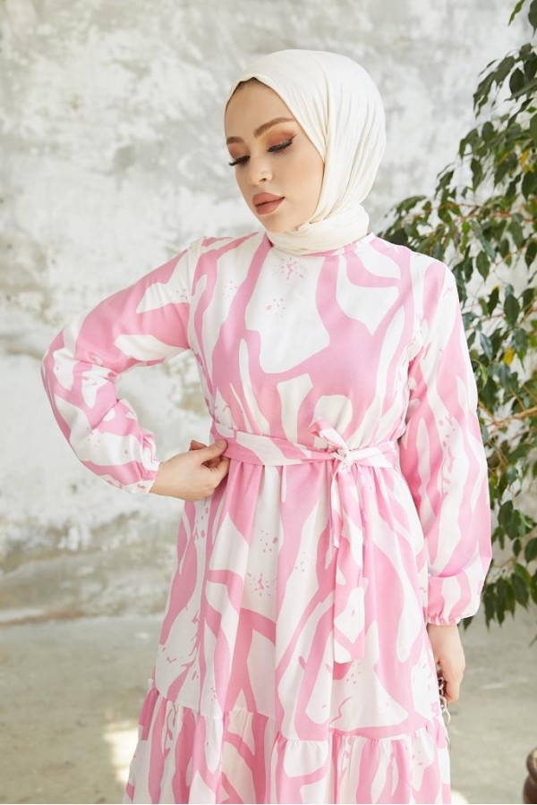  Desenli Tesettür Elbise Pembe 430