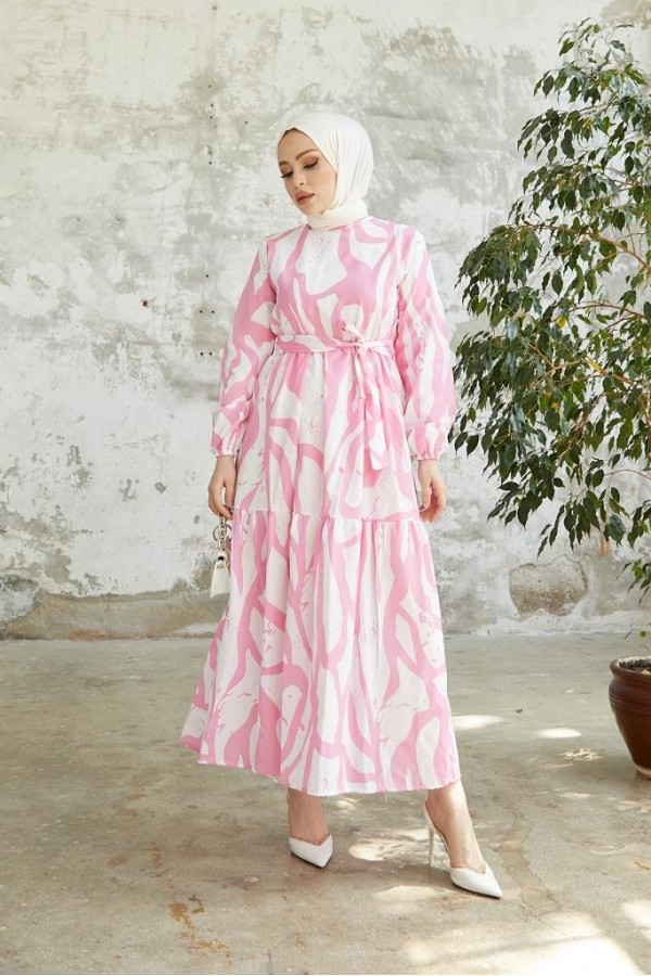  Desenli Tesettür Elbise Pembe 430
