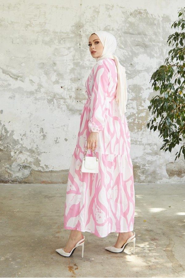  Desenli Tesettür Elbise Pembe 430