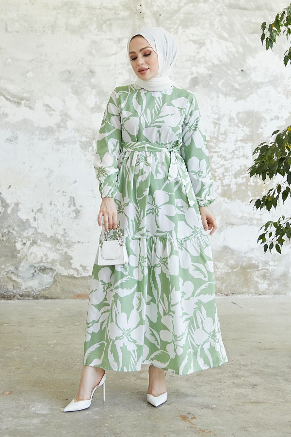  Çiçek Desen Tesettür Elbise Mint 431