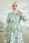  Çiçek Desen Tesettür Elbise Mint 431
