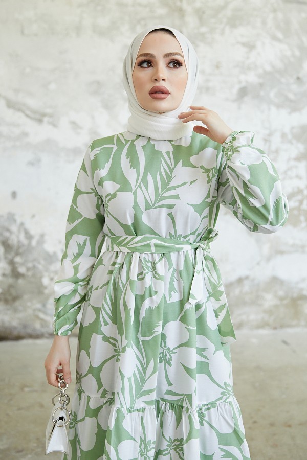  Çiçek Desen Tesettür Elbise Mint 431