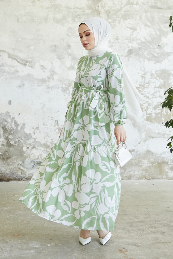  Çiçek Desen Tesettür Elbise Mint 431