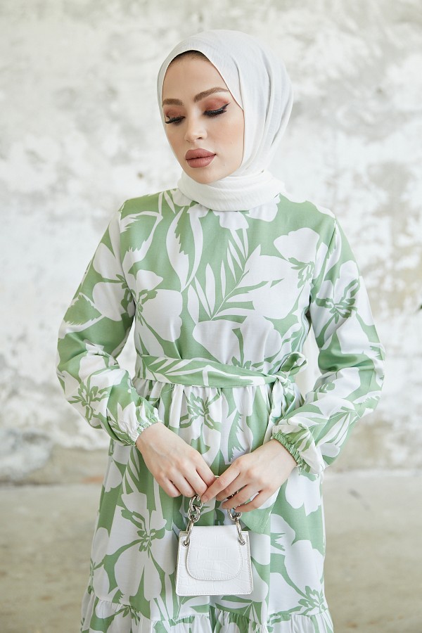  Çiçek Desen Tesettür Elbise Mint 431