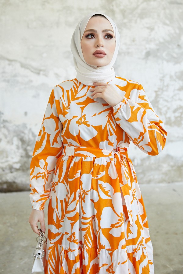  Çiçek Desen Tesettür Elbise Oranj 431