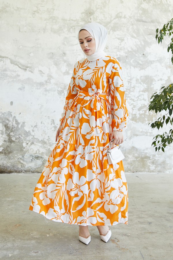  Çiçek Desen Tesettür Elbise Oranj 431