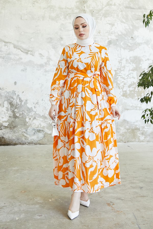  Çiçek Desen Tesettür Elbise Oranj 431