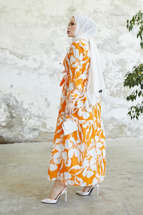  Çiçek Desen Tesettür Elbise Oranj 431