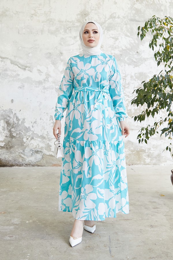  Çiçek Desen Tesettür Elbise Turkuaz 431