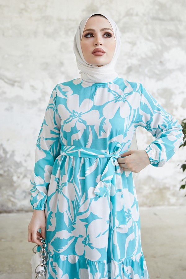 Çiçek Desen Tesettür Elbise Turkuaz 431