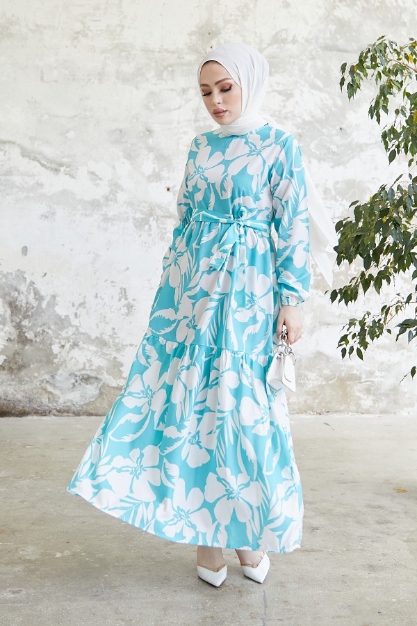  Çiçek Desen Tesettür Elbise Turkuaz 431