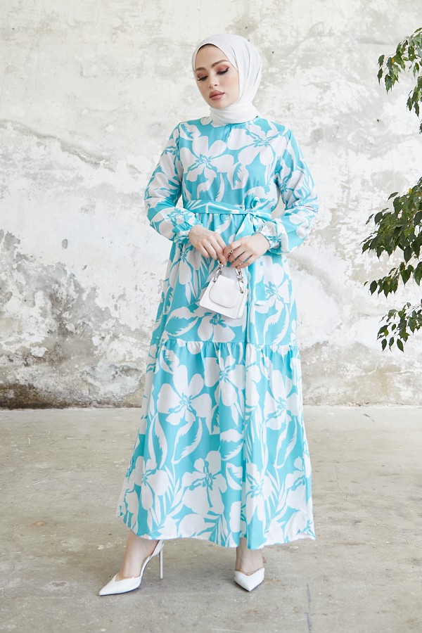  Çiçek Desen Tesettür Elbise Turkuaz 431