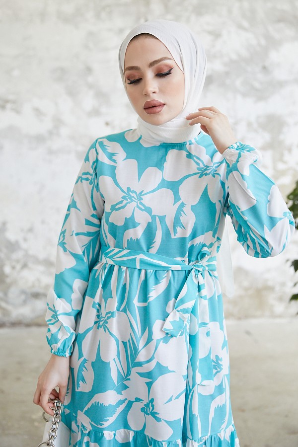  Çiçek Desen Tesettür Elbise Turkuaz 431