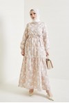  Desenli Tesettür Elbise Bej 432