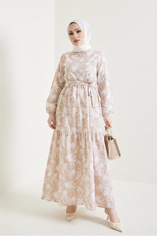  Desenli Tesettür Elbise Bej 432