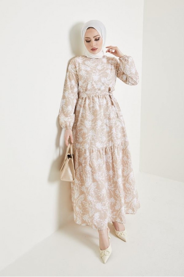  Desenli Tesettür Elbise Bej 432