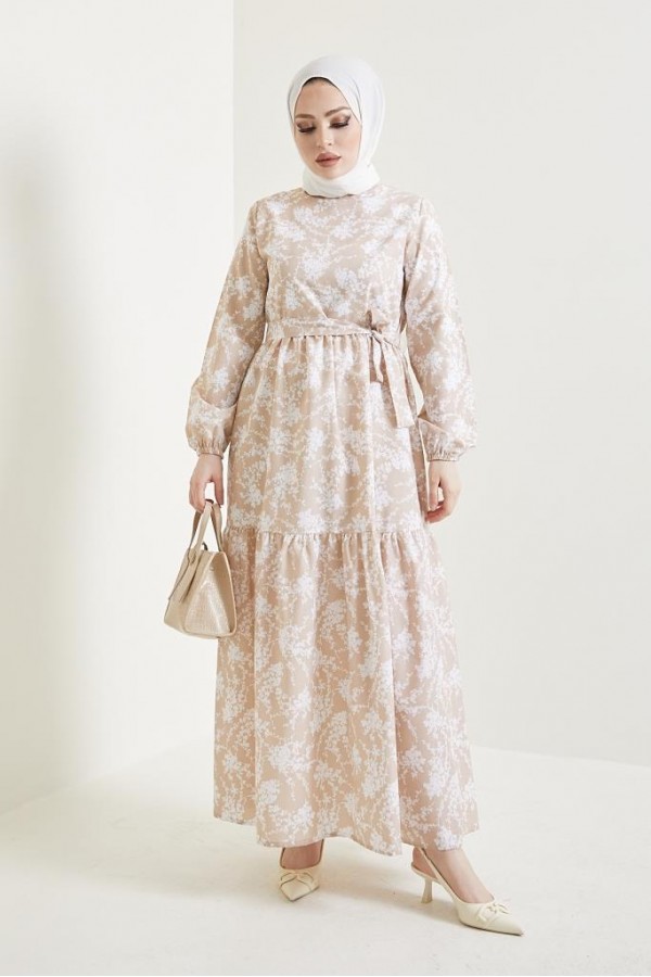  Desenli Tesettür Elbise Bej 432