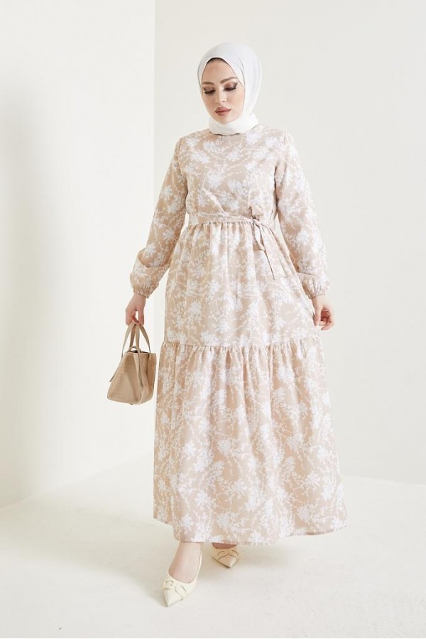  Desenli Tesettür Elbise Bej 432