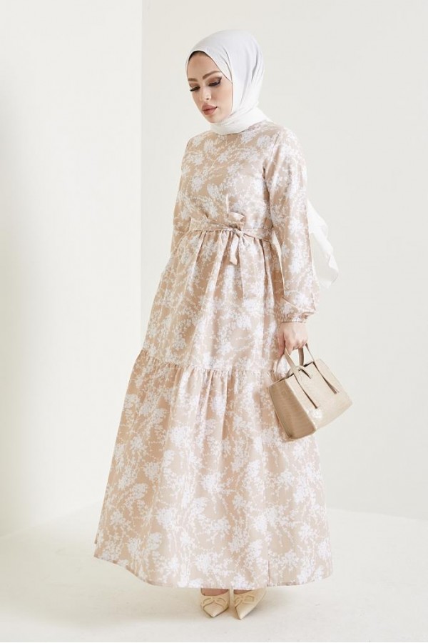  Desenli Tesettür Elbise Bej 432