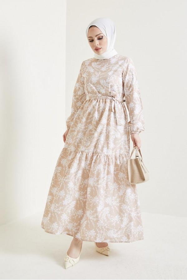  Desenli Tesettür Elbise Bej 432