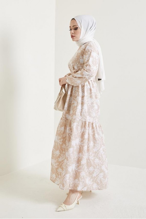  Desenli Tesettür Elbise Bej 432