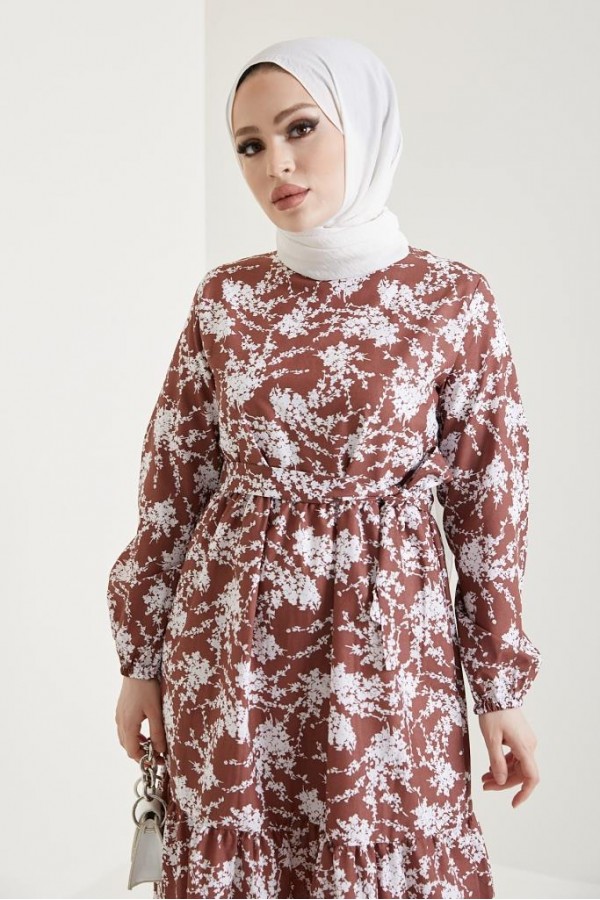  Desenli Tesettür Elbise Kahve 432