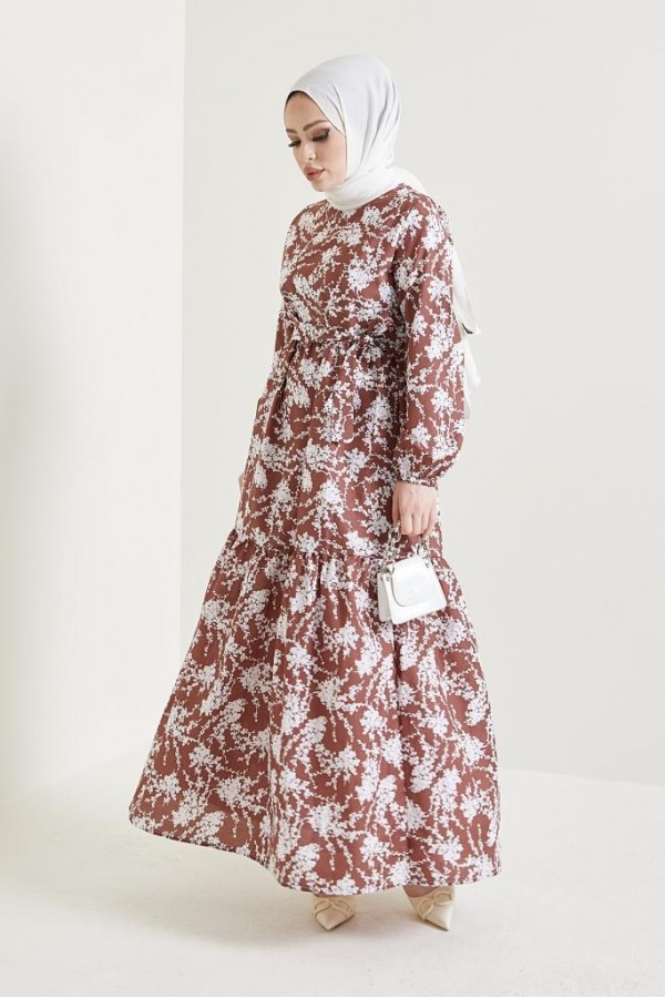  Desenli Tesettür Elbise Kahve 432