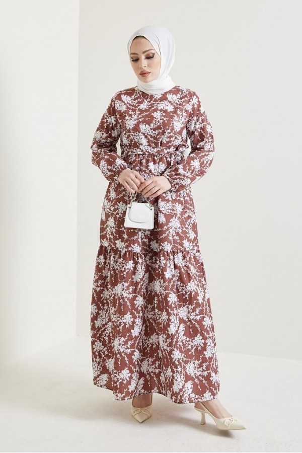  Desenli Tesettür Elbise Kahve 432