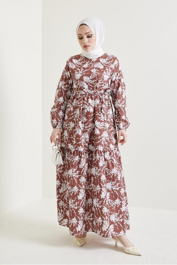  Desenli Tesettür Elbise Kahve 432