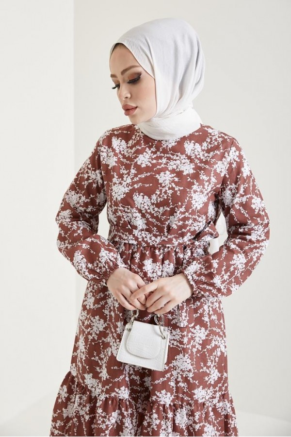  Desenli Tesettür Elbise Kahve 432