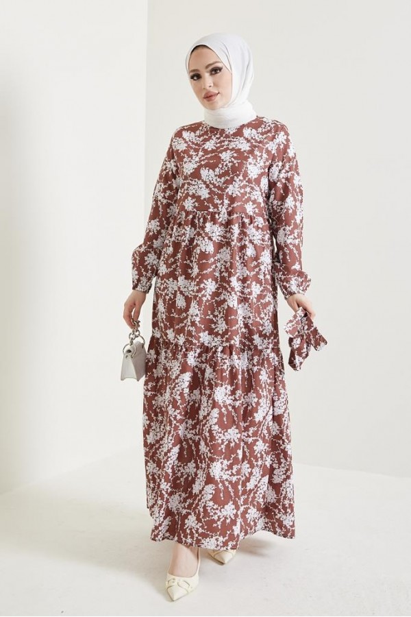  Desenli Tesettür Elbise Kahve 432