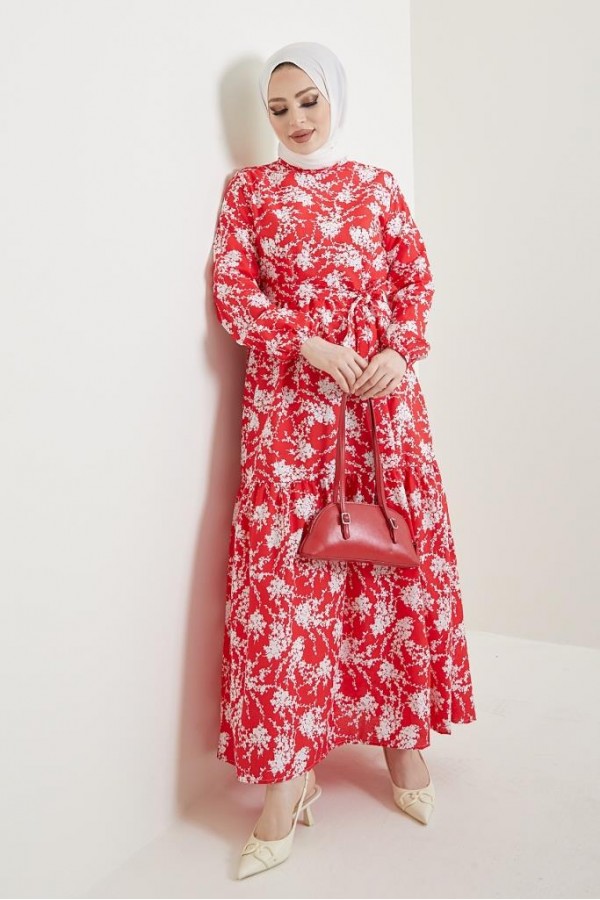  Desenli Tesettür Elbise Kırmızı 432