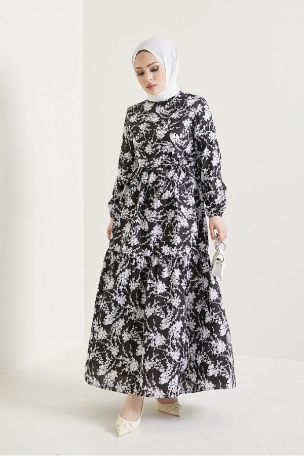 Desenli Tesettür Elbise Siyah 432