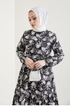  Desenli Tesettür Elbise Siyah 432