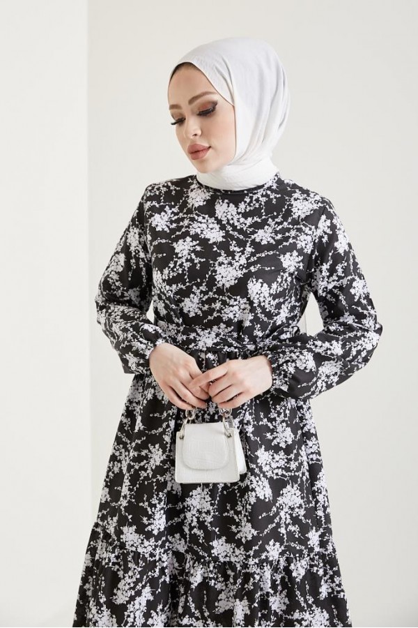  Desenli Tesettür Elbise Siyah 432