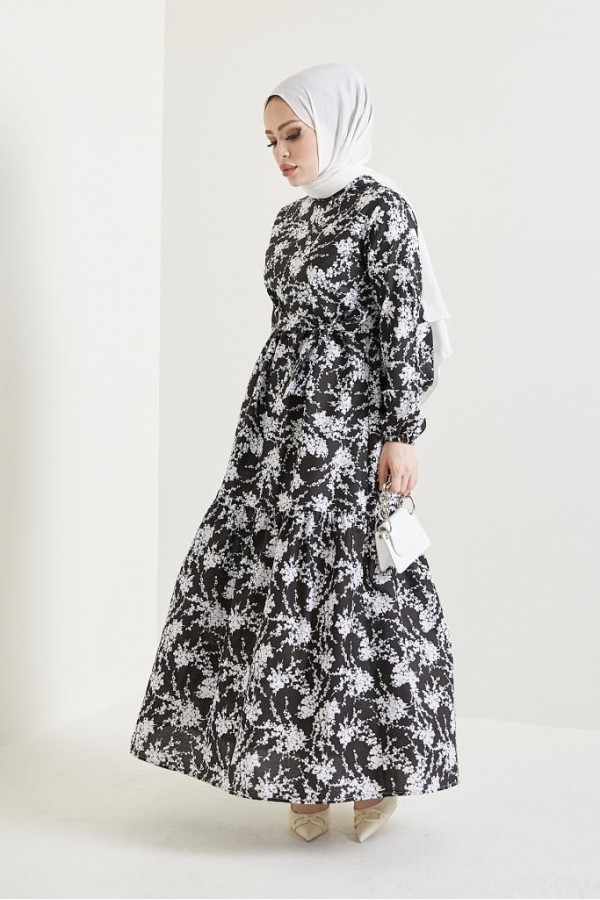  Desenli Tesettür Elbise Siyah 432