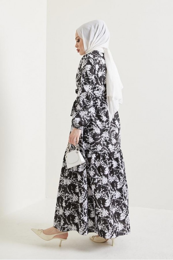  Desenli Tesettür Elbise Siyah 432
