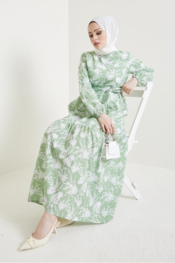  Desenli Tesettür Elbise Yeşil 432