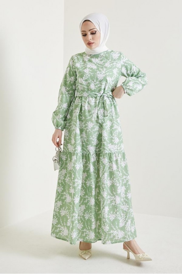  Desenli Tesettür Elbise Yeşil 432